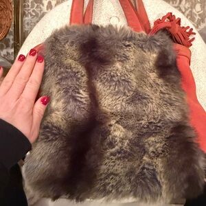 Miss Albright Gray Faux Fur Tote with Red Accents